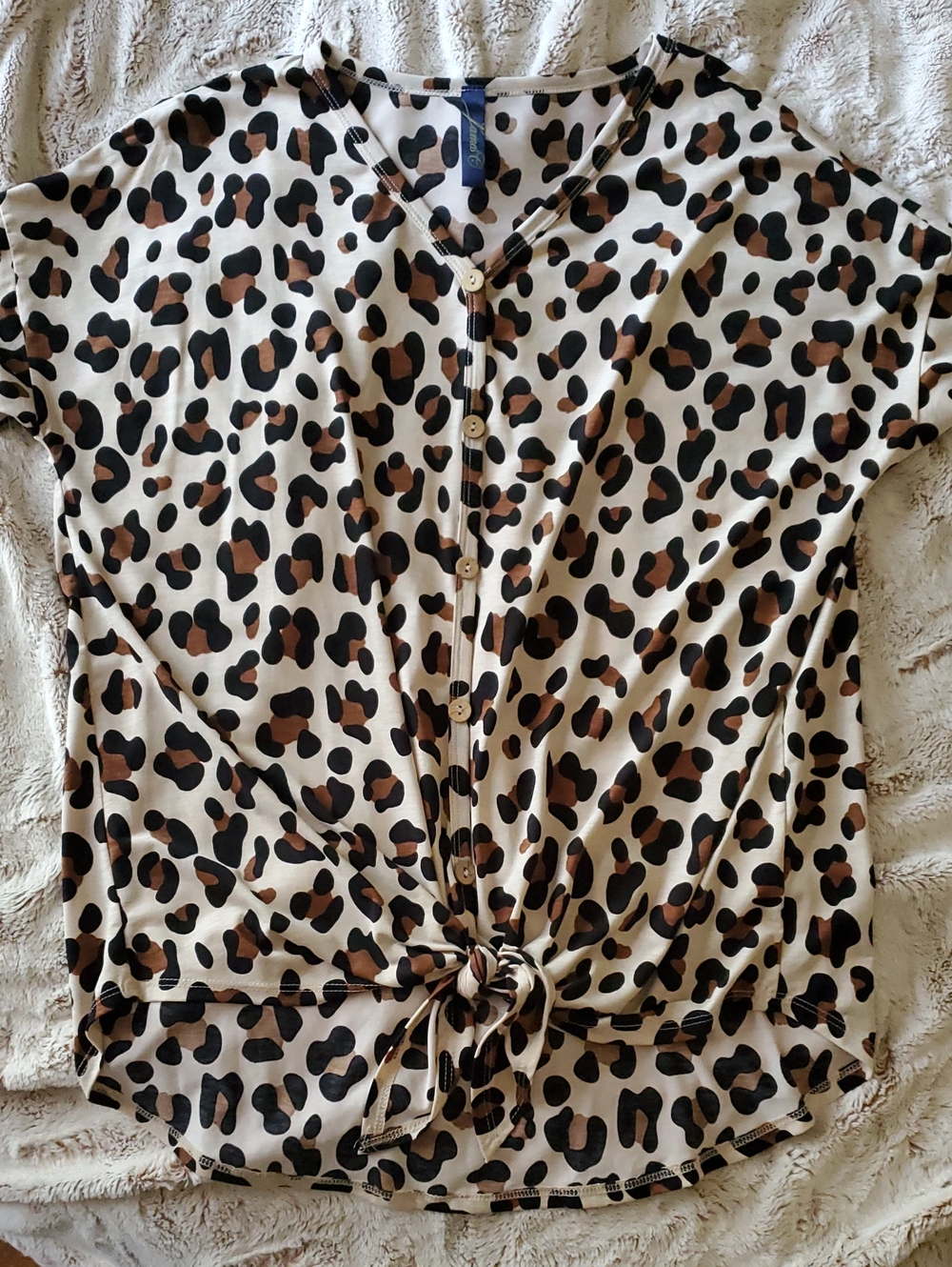Leopard Print Button-Front Tie-Hem Top - Cream/Brown/Black